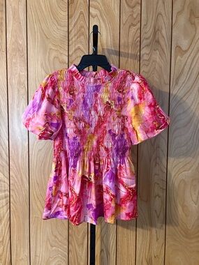 Anniewear Smocked Abstract Blouse Size Small Pink Puff Sleeve Peplum Boutique